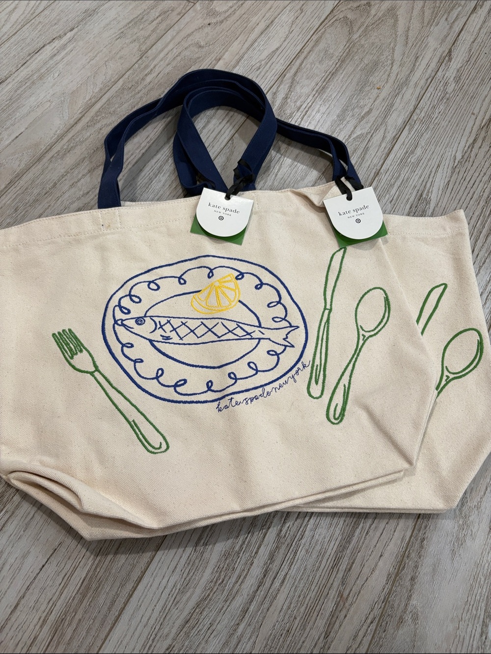 Kate Spade ♠️ Cream Canvas Tote with Navy Handles and Green & Blue Print NWT
